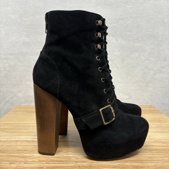 Steve Madden Carnaby Black Suede Lace-Up Platform Boots | Chunky Wooden Heel 6.5 - Picture 2 of 13